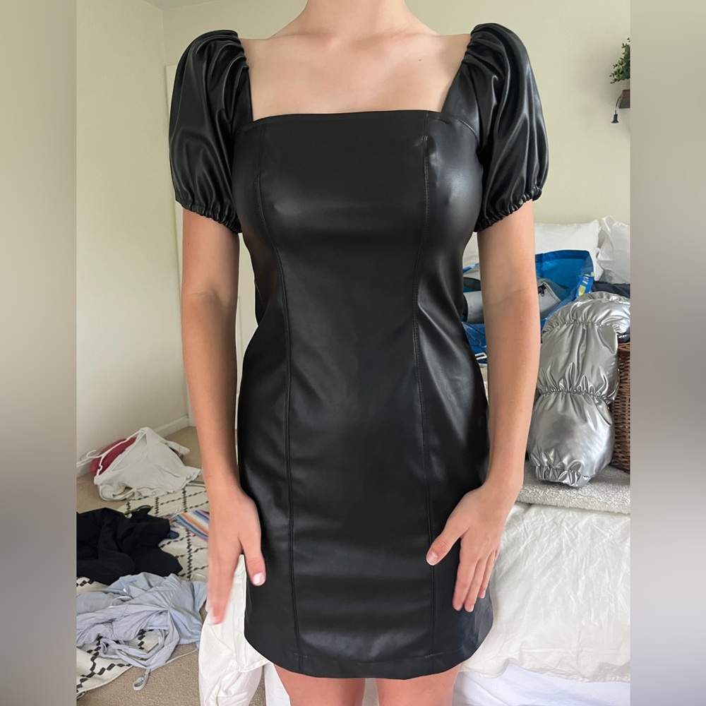 Leather black puff sleeve dress